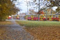 The old red and yellow trams in the tram terminus depot are standing and waiting Royalty Free Stock Photo