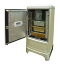 Old refrigerator vintage fridge with chrome handle isolated on w Royalty Free Stock Photo