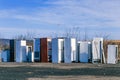Old refrigerators and freezers at a scrapyard for recycling Royalty Free Stock Photo