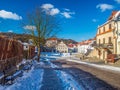 Old renaissance houses and church in Kazimierz Dolny, Poland Royalty Free Stock Photo