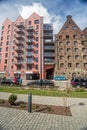 Old renaissance building of granar and new apartment house on Granary Island in Gdansk, Poland.