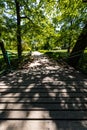 Old renovated retro bridge with green metal railings over small river in small colorful park