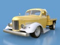Old restored pickup. Pick-up in the style of hot rod. 3d illustration. Golden-white car on a blue background. Royalty Free Stock Photo
