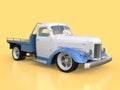 Old restored pickup. Pick-up in the style of hot rod. 3d illustration. White and blue car on a yellow background. Royalty Free Stock Photo