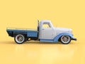 Old restored pickup. Pick-up in the style of hot rod. 3d illustration. White and blue car on a yellow background. Royalty Free Stock Photo