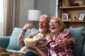 Old retired age couple watching TV at home, old mature couple cheering sport games competition together with laugh smile victory