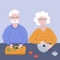 Old retired couple cook together a vegetable salad on the table