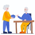 Old retired couple having a dinner together. Grandmother sets the table and put the caldron. Grandfather showing thumbs up.