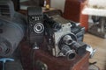 Old retro aged equipment, photo, film cameras in shop-window