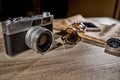 Old retro analog photo camera and accessories travel