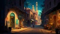 Old retro arabian street cityscape art cartoon drawing illustration oil painting style background