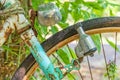 Old retro bicycle front macro view with dynamo, front wheel and headlight. Royalty Free Stock Photo