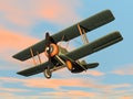 Old retro biplane flying in the sky - 3D render