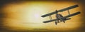 Old retro biplane flying in the sky - 3D render