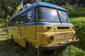 Old retro bus presented as a museum exhibit in the Carpathian village of Kolochava