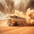 An old retro bus rides along a road in the desert against the backdrop of a sandstorm. AI generated