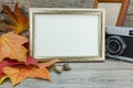 old retro camera and empty photo frames on grunge wooden background with colorful maple leaves Royalty Free Stock Photo