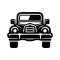 Old retro car black icon front view. Classic vehicle. Muscle car silhouettes face. Vintage automobile. Transportation