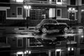 Old retro car stay on asphalt city road at rainy night