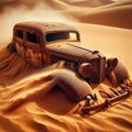 An old, retro car stuck in the sand in the desert. Royalty Free Stock Photo
