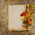 Beautiful vintage background with card for text and bouquet of autumn flowers Royalty Free Stock Photo