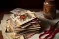 Old retro cards stack on wooden table. Generate Ai