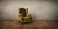 Old retro chair in empty rustic living room. Vintage interior design with grunge walls, antique furniture and textured wooden Royalty Free Stock Photo