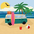 Old retro classic traveling van on the beach with surf board