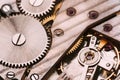 Old Clockwork Background. Clock Watch Mechanism With Gray And Golden Gears Royalty Free Stock Photo