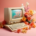 old retro computer surrounded by delicate flowers on a solid background.