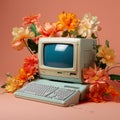 old retro computer surrounded by delicate flowers on a solid background.