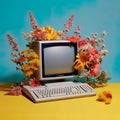 old retro computer surrounded by delicate flowers on a solid background.