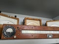 Old retro electronics measurement equipment in wooden case