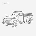 Old retro farmer pickup truck line art vector illustration icon. Royalty Free Stock Photo