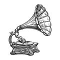 Old retro gramophone with vinyl record. Phonograph, vintage music player. Musical instrument drawn in engraving style Royalty Free Stock Photo