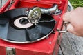 Old retro gramophone with a vinyl record Royalty Free Stock Photo