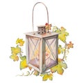 Old retro lantern with grape leaf arrangement. Royalty Free Stock Photo