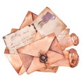 Old retro letters, envelopes and parchment scrolls. Royalty Free Stock Photo