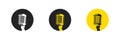 Old retro microphone. Icon podcast on round frame. Yellow and black mic symbol. Vector isolated illustration