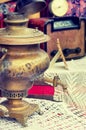 Old retro objects antique samovar for hot tea on the table, vintage image retro style effect.