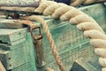 Old retro objects antique textural background wooden crates and ropes Royalty Free Stock Photo