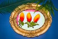 old retro old frame with 3 mangoes, around jungle and palm leaves, creative tropical design Royalty Free Stock Photo