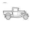 Old retro pickup truck vector illustration. Vintage transport vehicle line art