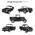 Old retro pickup trucks vector illustration set. Vintage transport vehicle