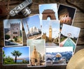 Old retro pictures and camera on wooden table globetrotter photography travel collage concept Royalty Free Stock Photo