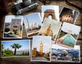 Old retro pictures and camera on wooden table globetrotter photography travel collage concept