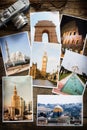 Old retro pictures and camera on wooden table globetrotter photography travel collage concept Royalty Free Stock Photo