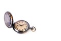 Old retro pocket watch with scratches isolated on a white background. Copy space. Object for design on the theme of time Royalty Free Stock Photo