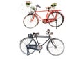Old retro red bicycle with flowers bouquet in basket and Bicycle black classic vintage style isolated on white background with Royalty Free Stock Photo