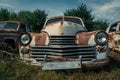 Old retro rusty abandoned and forgotten cars, cemetery of vintage autos Royalty Free Stock Photo